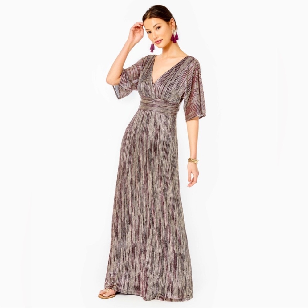 Gold Pleated Tie Front Maxi Dress